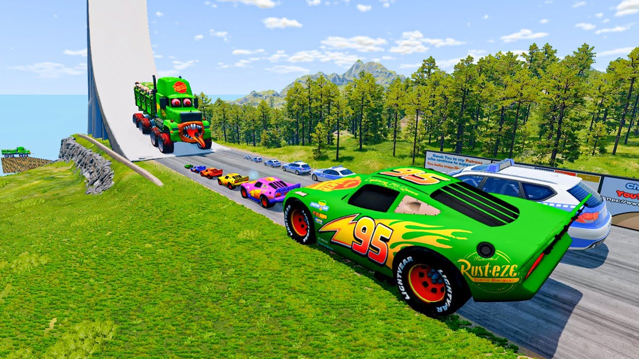 Big & Small McQueen & Police Car vs Zombie Mack, Laser & Giant Downhill Race – BeamNG.drive