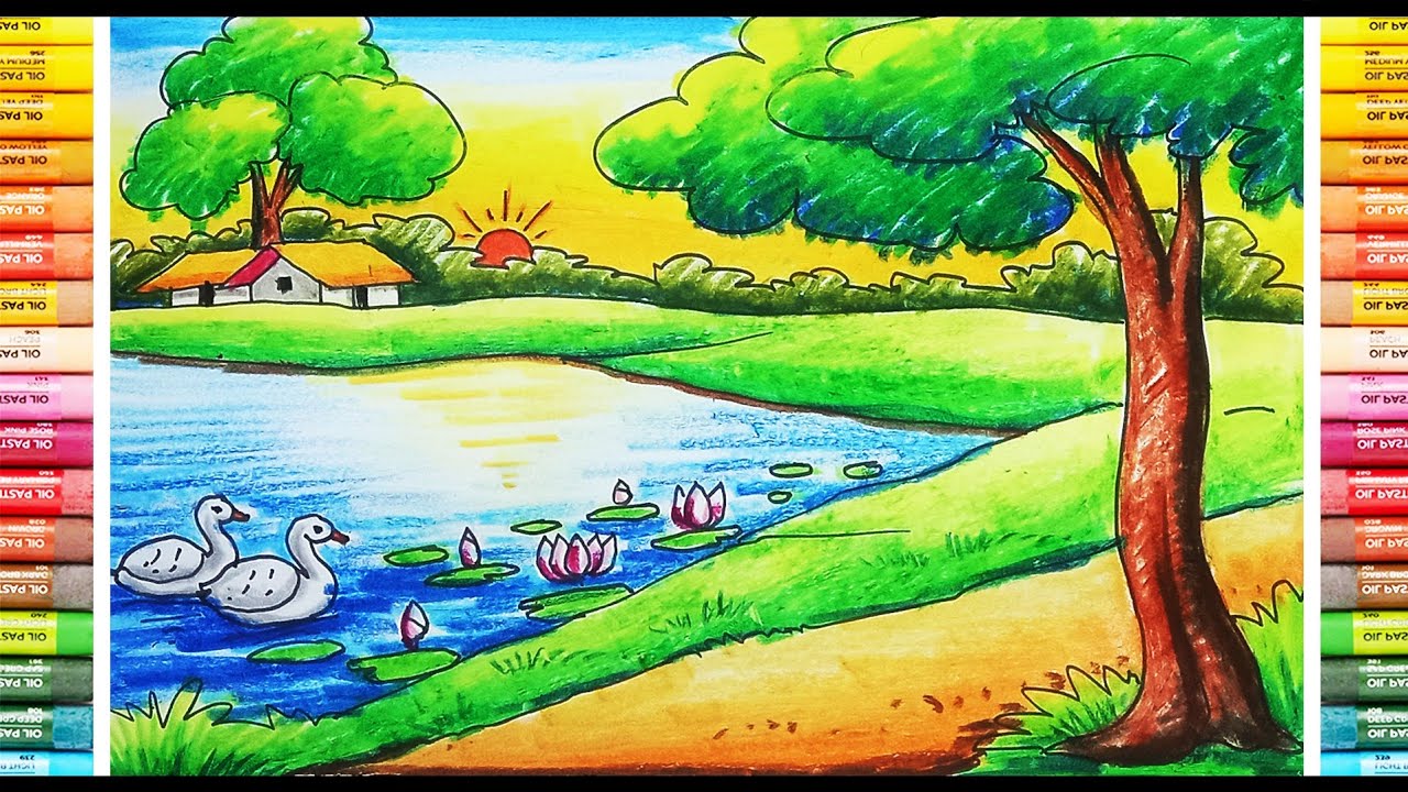 How to Draw a Village Sunrise Scenery || Beautiful Nature Drawing ...