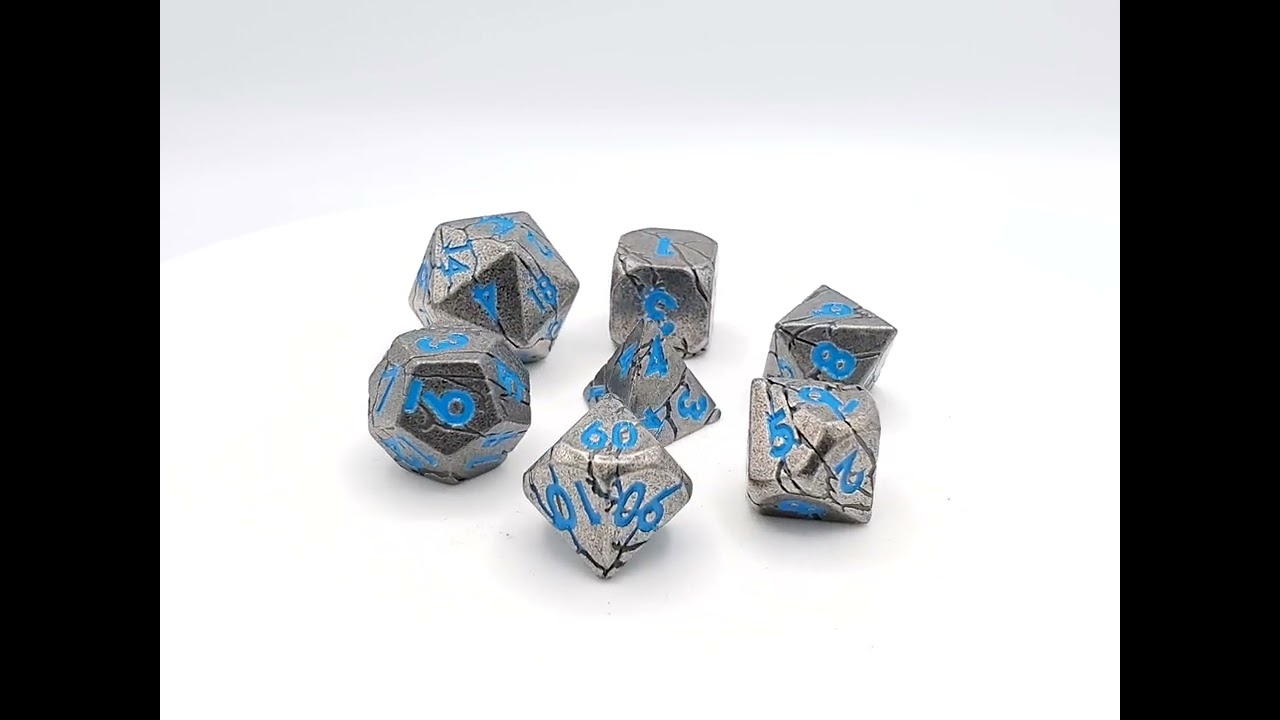 Old School 7 Piece DnD RPG Metal Dice Set: Orc Forged - Ancient Silver w/ Blue