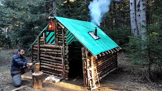 Building a Complete and Warm Survival Shelter - Off Grid Log Cabin