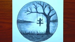 Ağaçta Sallıncakta Sallanan Kız Nasıl Çizilir / Kolay Sallıncak Çizimi /Manzara Resmi Nasıl Çizilir