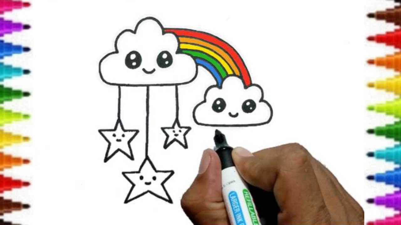 How to draw clouds stars and rainbow ll cute cloud drawing ll ...