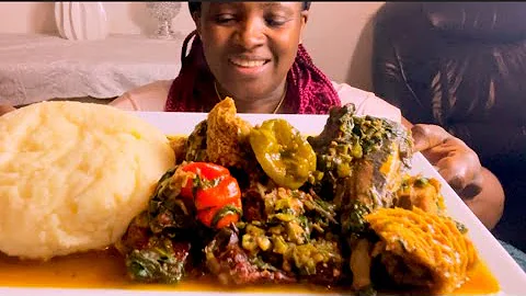 African Food mukbang/ mackerel Fish + assorted + okra soup mixed with vegetables and fufu