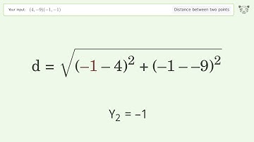 Find the distance between two points p1 (4,-9) and p2 (-1,-1): Step-by-Step Video Solution