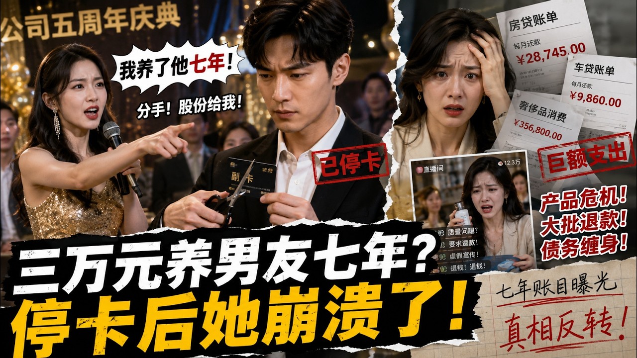 庆功宴上当众打脸宣称“养我七年”？我反手停掉百万副卡，虚荣前女友债务爆仓跪求认错！#晚秋剧场