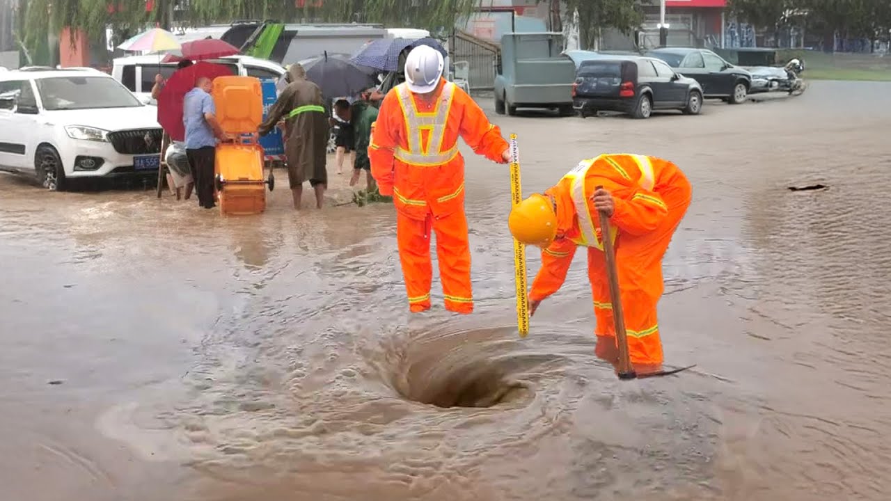 Draining a Massive Flooded Street Satisfying Drain Clearing - YouTube
