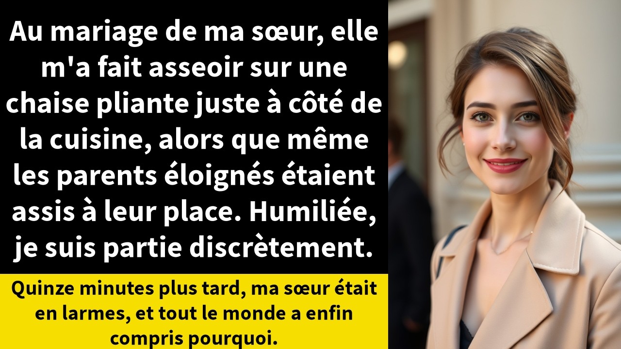 À mon propre mariage… non, au mariage de ma sœur, on m’a installée sur une chaise pliante en plastique, dans un coin sombre près des cuisines, pendant que des cousins éloignés sirotaient du...