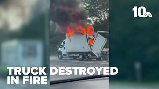 Delivery truck destroyed in fire on highway