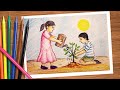 How to draw tree plantation drawing easy step by step