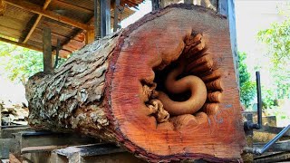 Uncovering the hidden beauty behind decades-old red mahogany wood at a sawmill