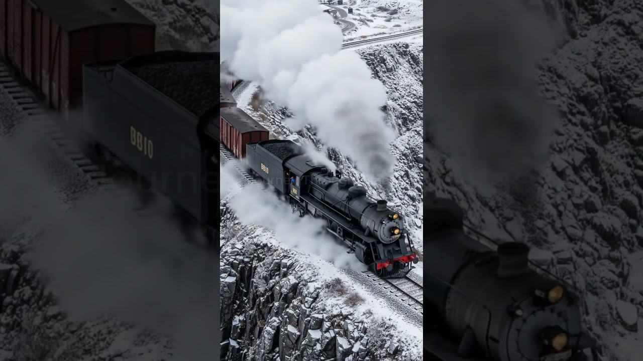 The Steam Locomotive Curved Through The Snow-covered Mountains 