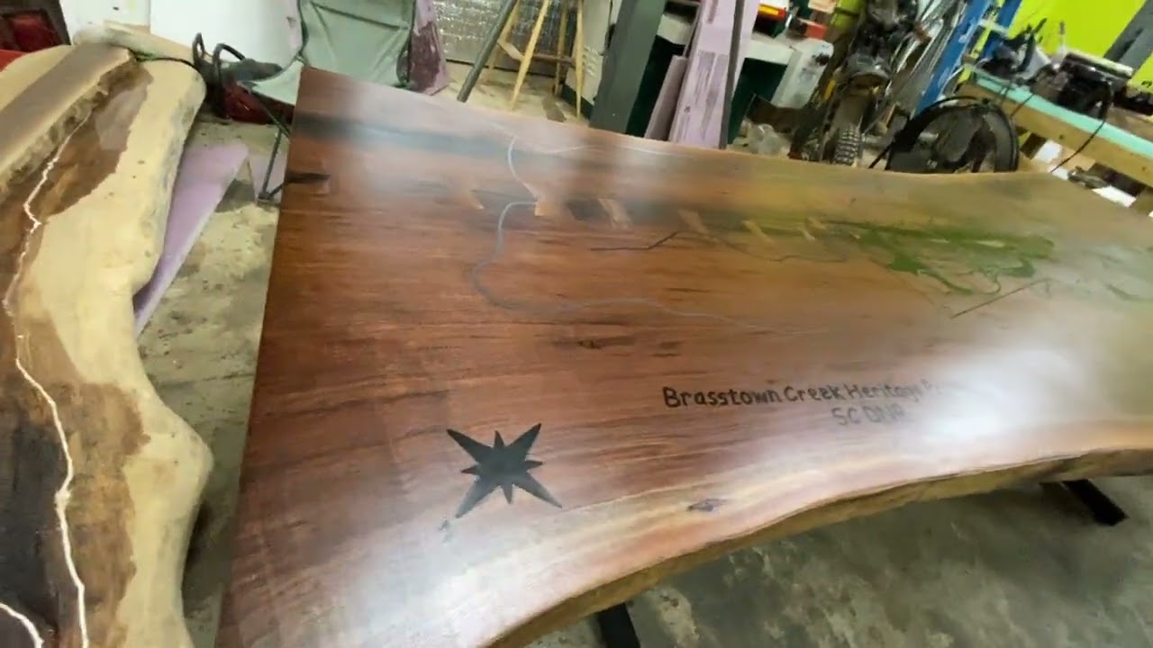 Giant black walnut slab with map
