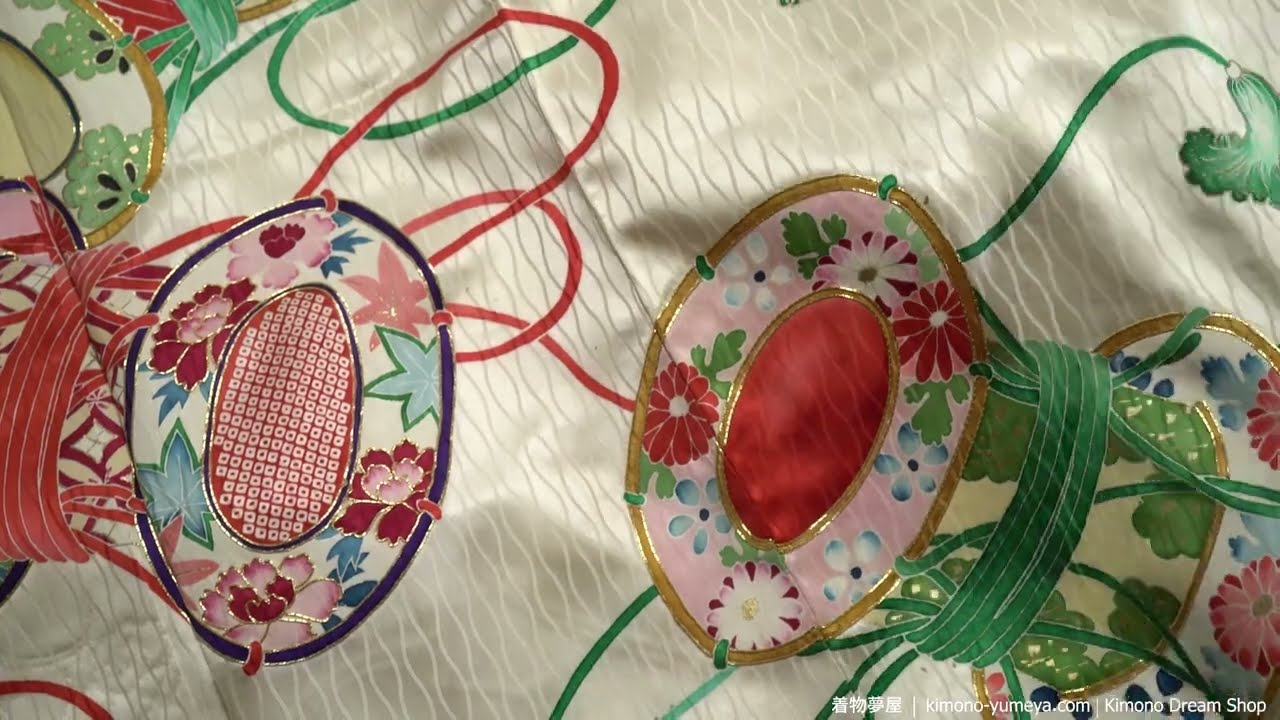 Japanese Drums Furisode - Vintage Silk Women's Kimono with Traditionally Painted Patterns - Beige