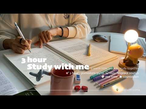 🎢3HR STUDY WITH MEㅣ🍅Pomodoro 50/10ㅣ🔥Cozy Fireplace Sounds