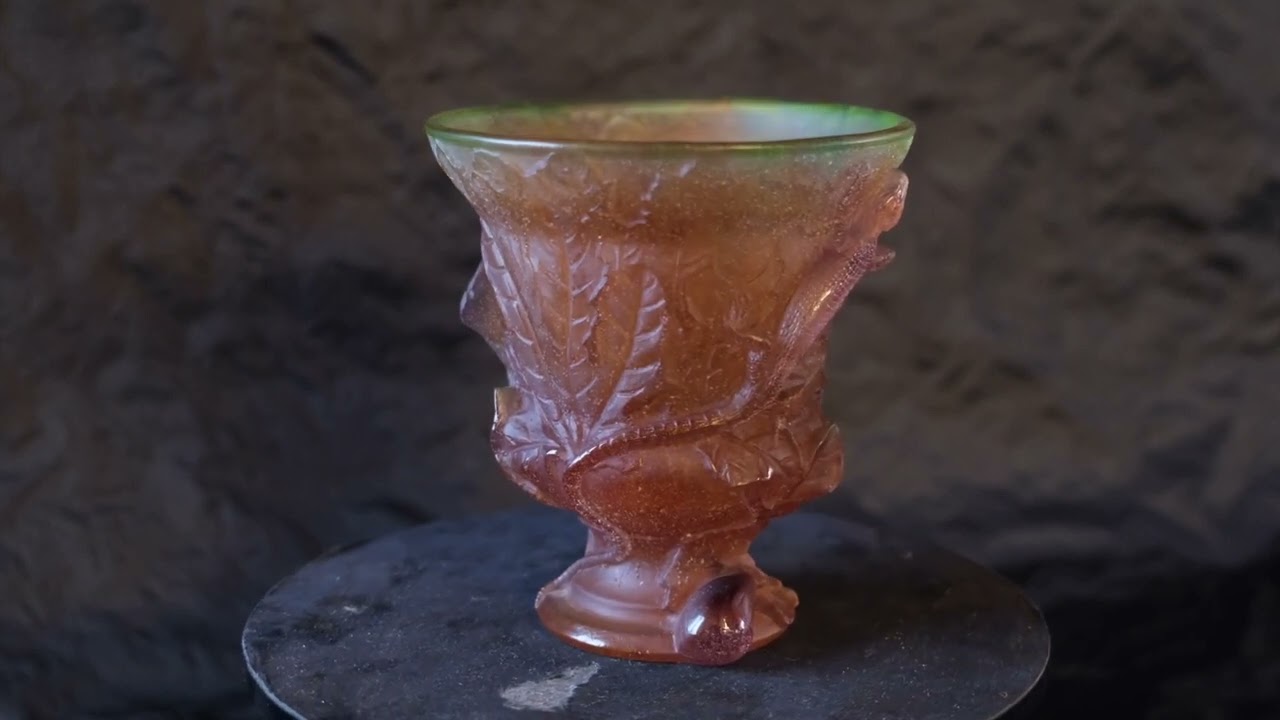 ACC0277 - Art Nouveau Glass Vase by Daum Nancy in Red and Green with Flowers and Reptile