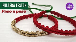 🤩 Pulsera de hilo fácil macramé /Nudo FESTÓN vertical / Pulsera Navideña.