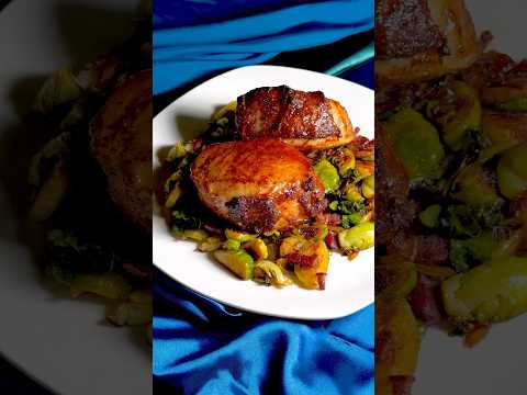 Double Cut Air Fryer Pork Chops with Bacon Brussels Sprouts.