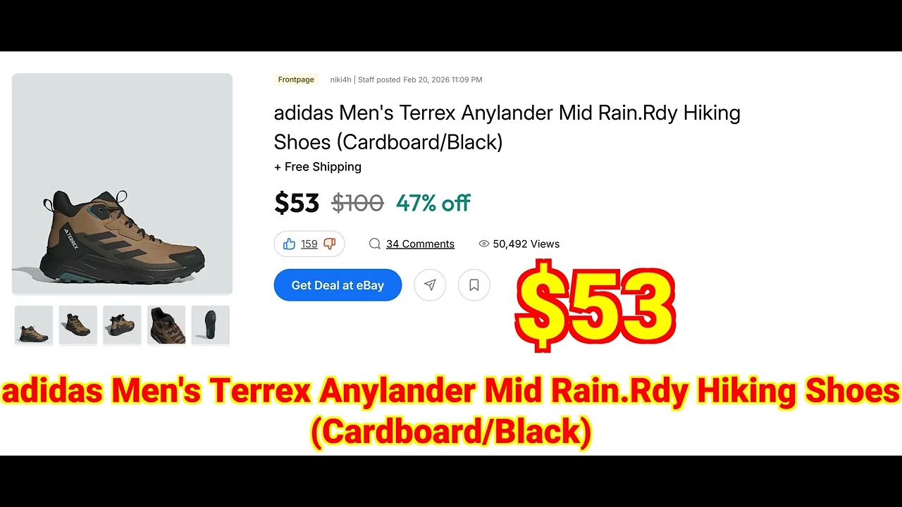 2026-02-25 adidas Men's Terrex Anylander Mid Rain.Rdy Hiking Shoes (Cardboard Black)