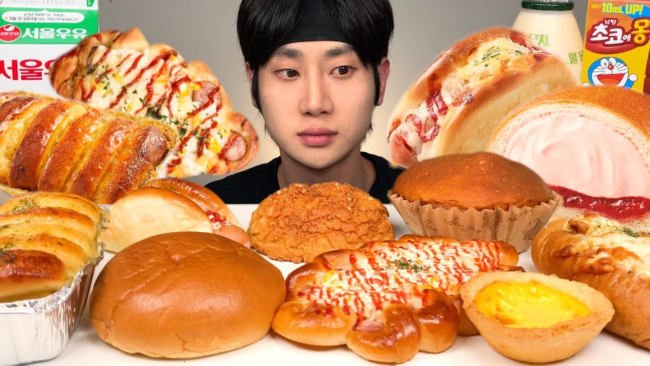 파리바게트 빵 디저트 먹방~ 피자빵, 소세지빵, 소보루빵. 커피번, 에그타르트, 갈릭브레드, 딸기생크림빵 리얼사운드 ASMR Bread DESSERT MUKBANG