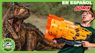 ¡Castillo Challenge y Escape! TRex Gigante con juguetes Nerf | Videos de dinosaurios para niños