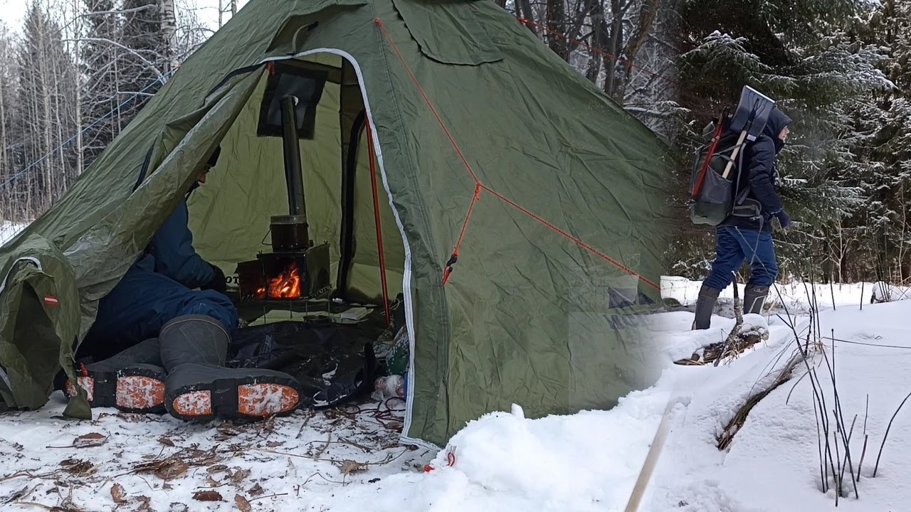 Bushcraft. Winter camping in a tent with a hot stove. ASMR YouTube