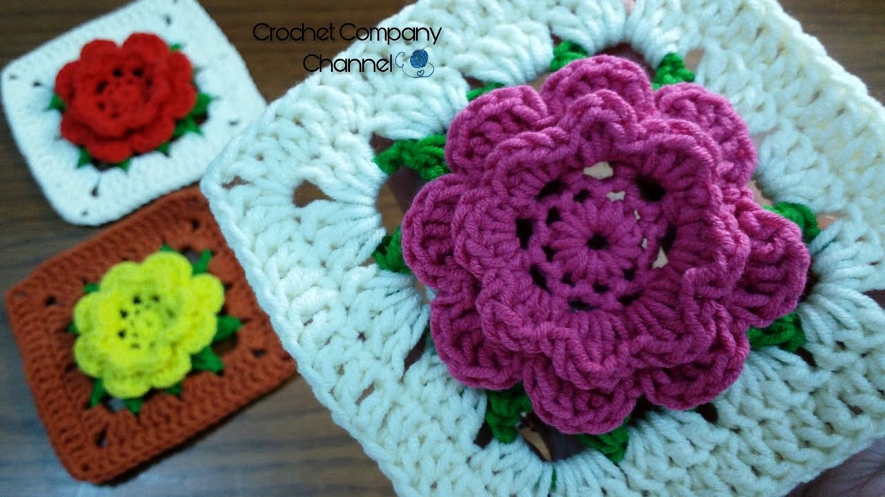 كروشيه مربع الجرانى بورده فى المنتصف _Crochet Rose Flower Granny Square Tutorial