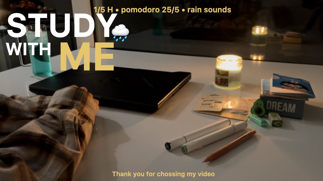 1.5-HOUR STUDY WITH ME 🌙 / Candlelit Desk 🕯️ / Rain Sounds 🌧️ / Pomodoro 25-5 (3 Sessions)