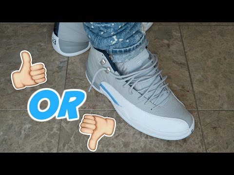 jordan 12 grey university blue on feet