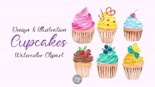 Cupcake watercolor clipart- Design & Illustration