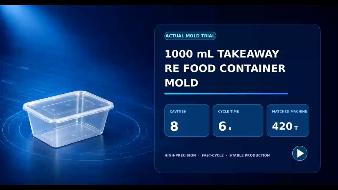1,000 ml rectangular takeaway food container mould trial showing an 8-cavity layout, 6-second cycle and 420 t machine