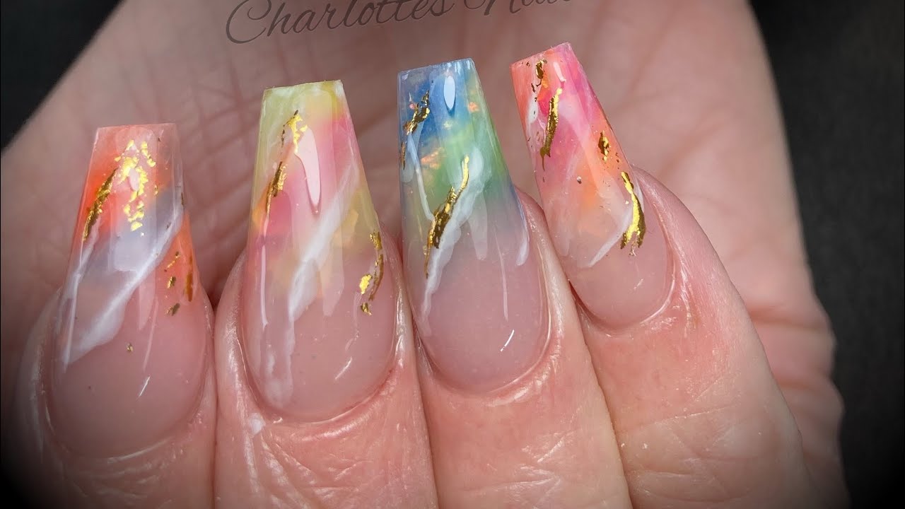 Acrylic design nails - rainbow opal marble
