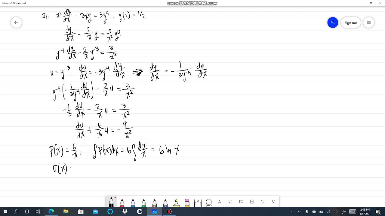 21 X 2 Dy Dx 2xy 3y 4 Y 1 1 2 Ecuaciones De Bernoulli Alexander Estrada Youtube