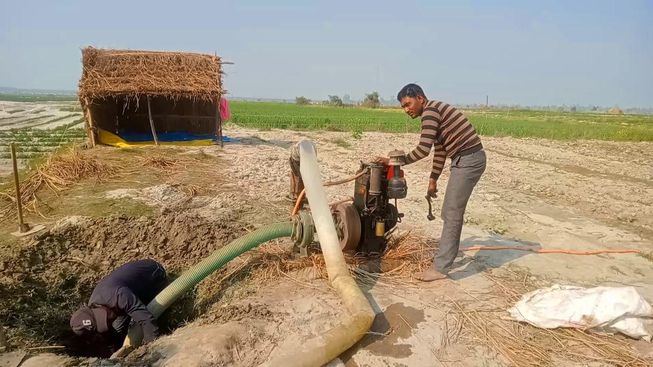 Old Kirloskar Diesel Engine Pumping Set || 4Inch Plastic Pipe Dwara Irrigation Work