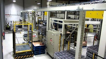 LITA Palletising Systems. High level infeed palletizers + shuttle car & stretchwrapper