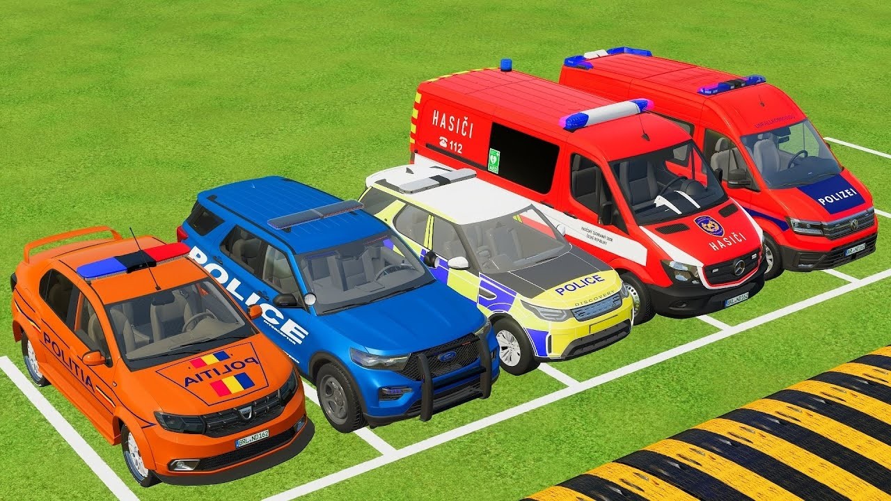 TRANSPORTING EMERGENCY CARS, AMBULANCE, POLICE CARS, FIRE TRUCK OF COLORS! WITH TRUCKS! - FS 22 #3
