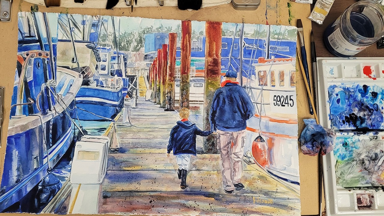 水彩画(港)№186 Coastal Watercolor Painting of Blue Boats in Newport Oregon Harbor
