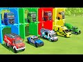 TRANSPORTING MERCEDES MINI BUS, VOLKSWAGEN POLICE, FORD POLICE, MERCEDES FIRE TRUCK TO GARAGE | FS22