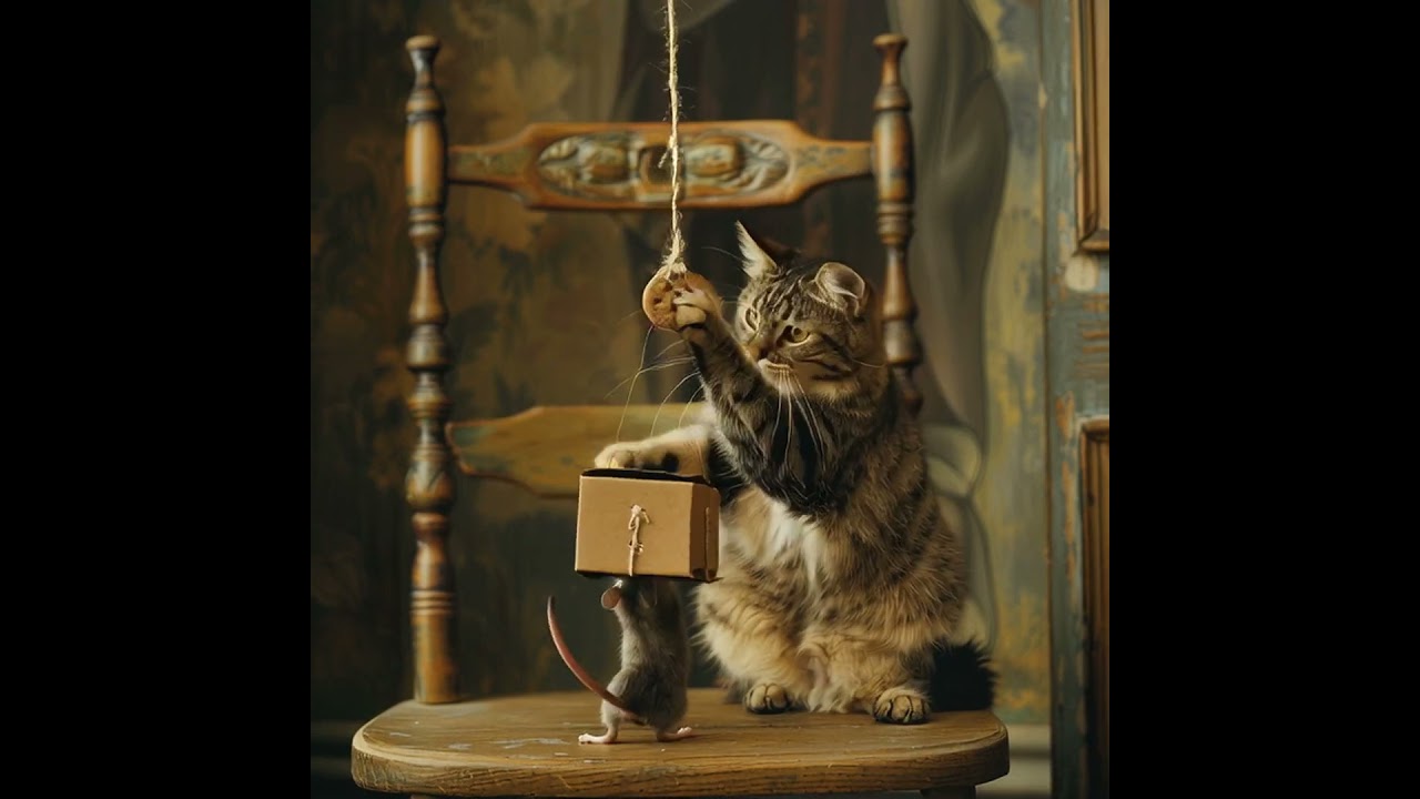 cat holding a dangling cookie with hand on a string