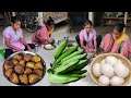 New style egg cooking with raw banana recipe in tribe village  how to cook egg curry recipe