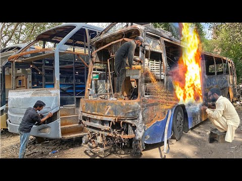 Passenger Bus Completely Burnt Due to Dangerous Accident /Complete video of Repairing burnt Hino Bus