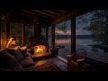 Cozy rain on lakeside ambient with gentle rain falling and relaxing fireplace to meditation  sleep