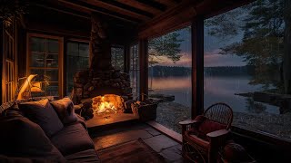 Cozy Rain on Lakeside Ambient with Gentle Rain falling and Relaxing Fireplace to Meditation &amp; Sleep