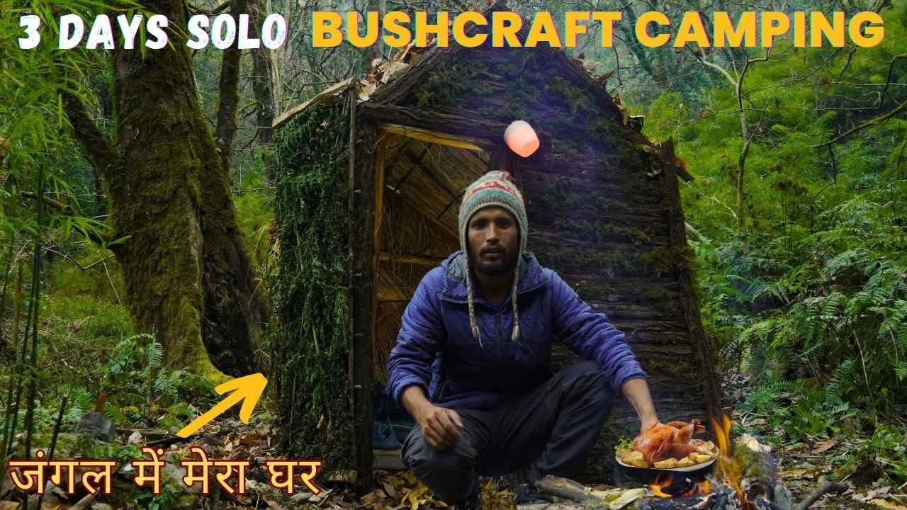 Solo Bushcraft Camping In Deep Forest | Building a Warm Winter Shelter ...