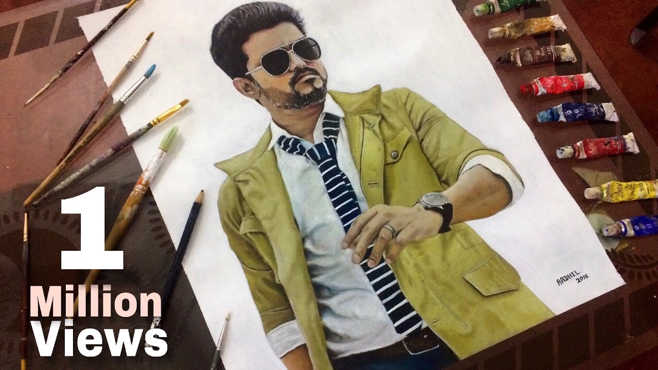 Drawing Sarkar Thalapathi Vijay | Realistic Oil Painting | Aadhil ...