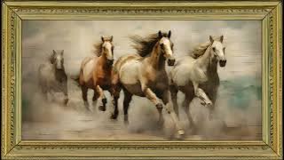 Wild Horses Running Free, Vintage Oil Painting | Gold Framed TV Art Screensaver
