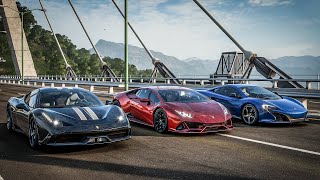 Forza Horizon 5 Drag race: Lamborghini Huracan Evo vs Ferrari 458 Speciale vs McLaren 650S