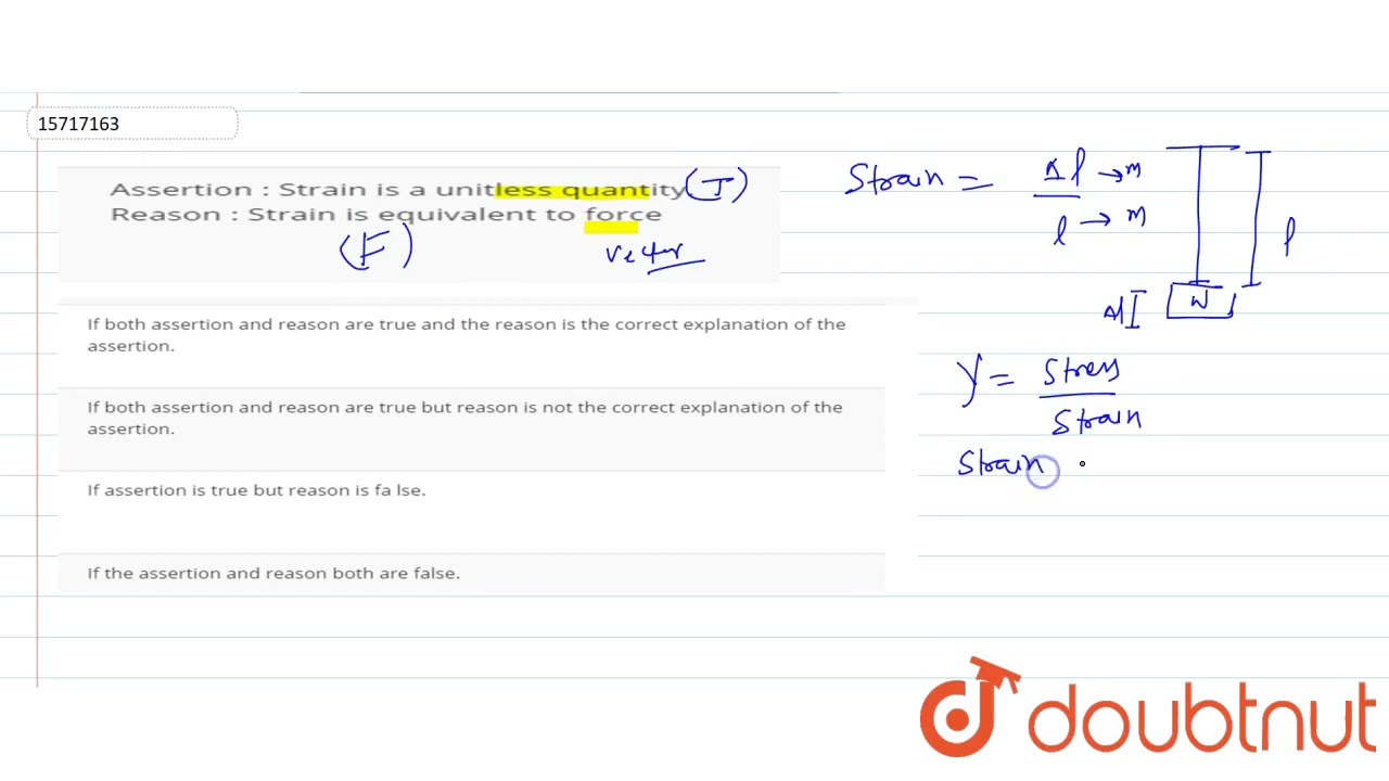 Assertion:Strain is a unitless quantity. Reason: Strain is equivalent to force | 11 | ELASTICITY...