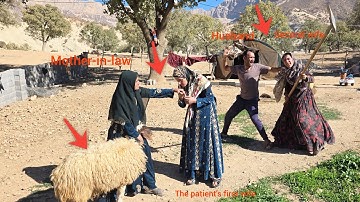 The mother-in-law brings a sheep as a gift to  first lady, who is sick, and  second lady is angry.