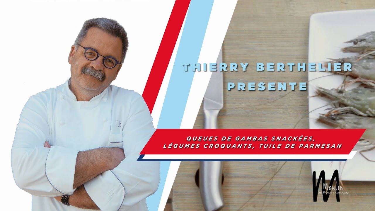 Gambas snackées, légumes croquants, tuile de parmesan par le chef Thierry Berthelier recettes poulet