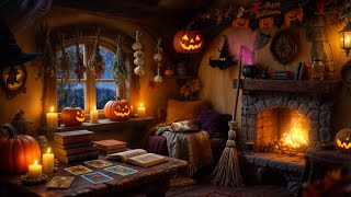 Cozy Witch Cottage - Halloween Ambience | Relaxing Fireplace, Rain & Thunderstorm Sounds for Sleep